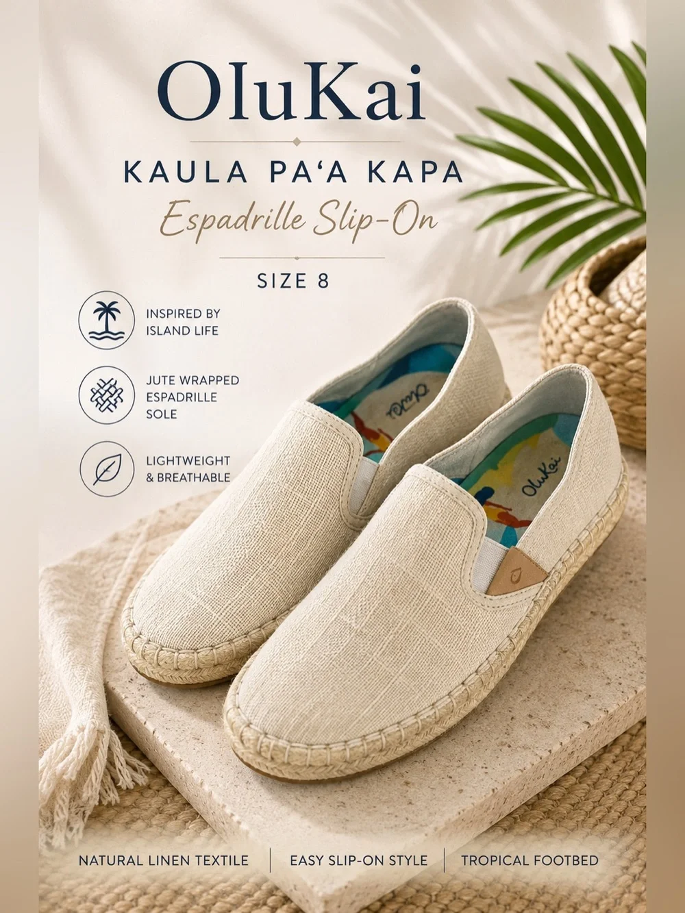 OluKai Kaula Pa‘a Kapa Natural Linen Espadrille Slip-On Shoes Size 8